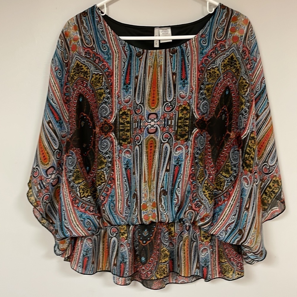 Lily Lou Women's Semi Sheer Blouse with black lining, Large , great shape!